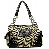 Animal Zebra Print Satchel Bags w/ 3-Heart Charm - Beige - BG-112HZ-BEI